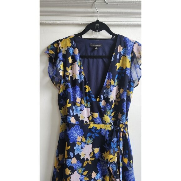 Banana Republic mini dress women's 4 blue yellow floral ruffle wrap V-neck flowy - Picture 3 of 9
